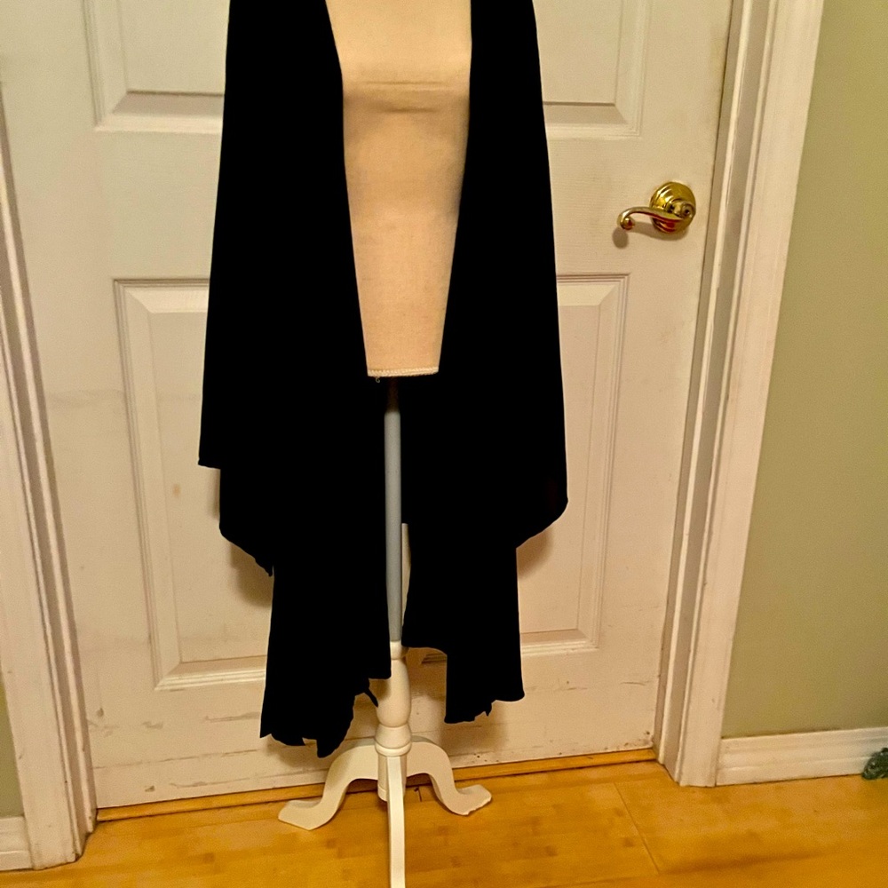 Black, long cardigan.  Open front.  100% Polyester